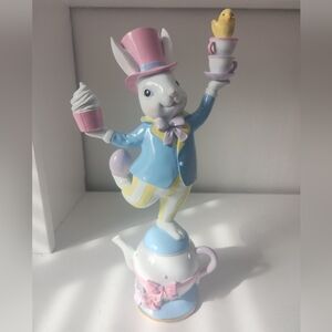 Easter Bunny Figurine Balancing Teapot Cupcake Chick Yellow Egg Spring Decor